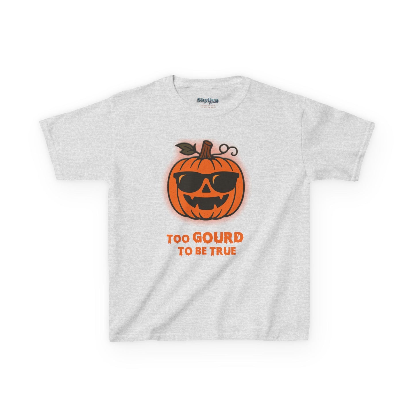 Trendy Halloween Vibes – Kids ‘Too Gourd to Be True’ Shirt for Fall Outings & Costumes