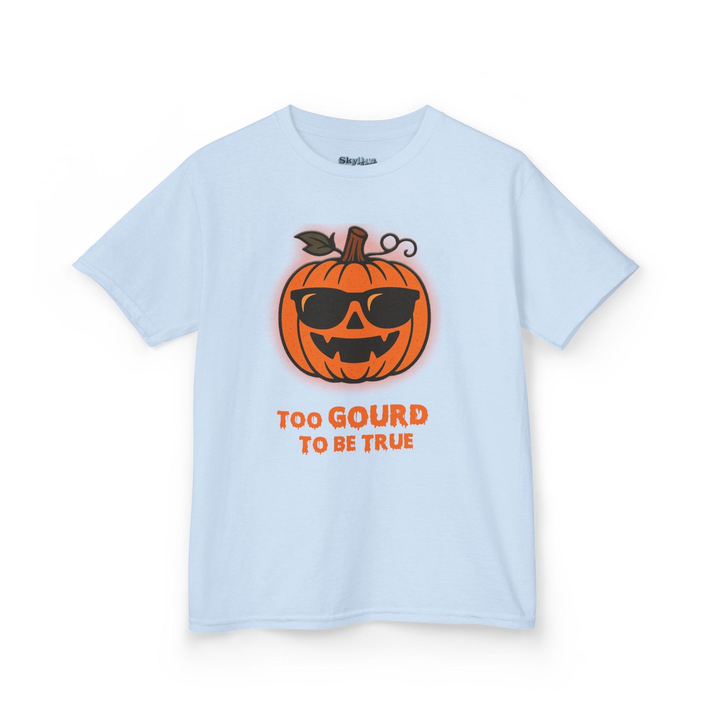 Trendy Halloween Vibes – Kids ‘Too Gourd to Be True’ Shirt for Fall Outings & Costumes