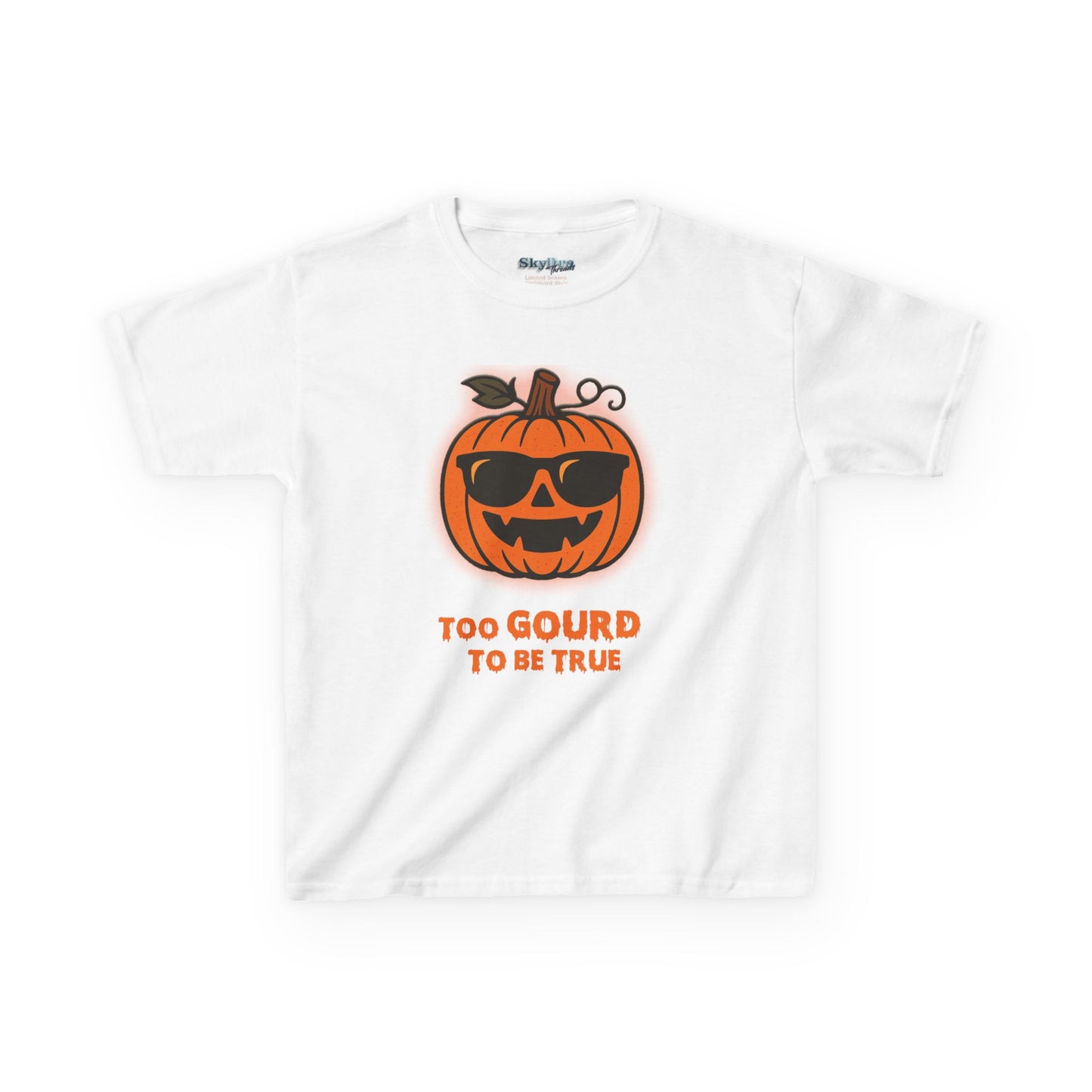 Trendy Halloween Vibes – Kids ‘Too Gourd to Be True’ Shirt for Fall Outings & Costumes