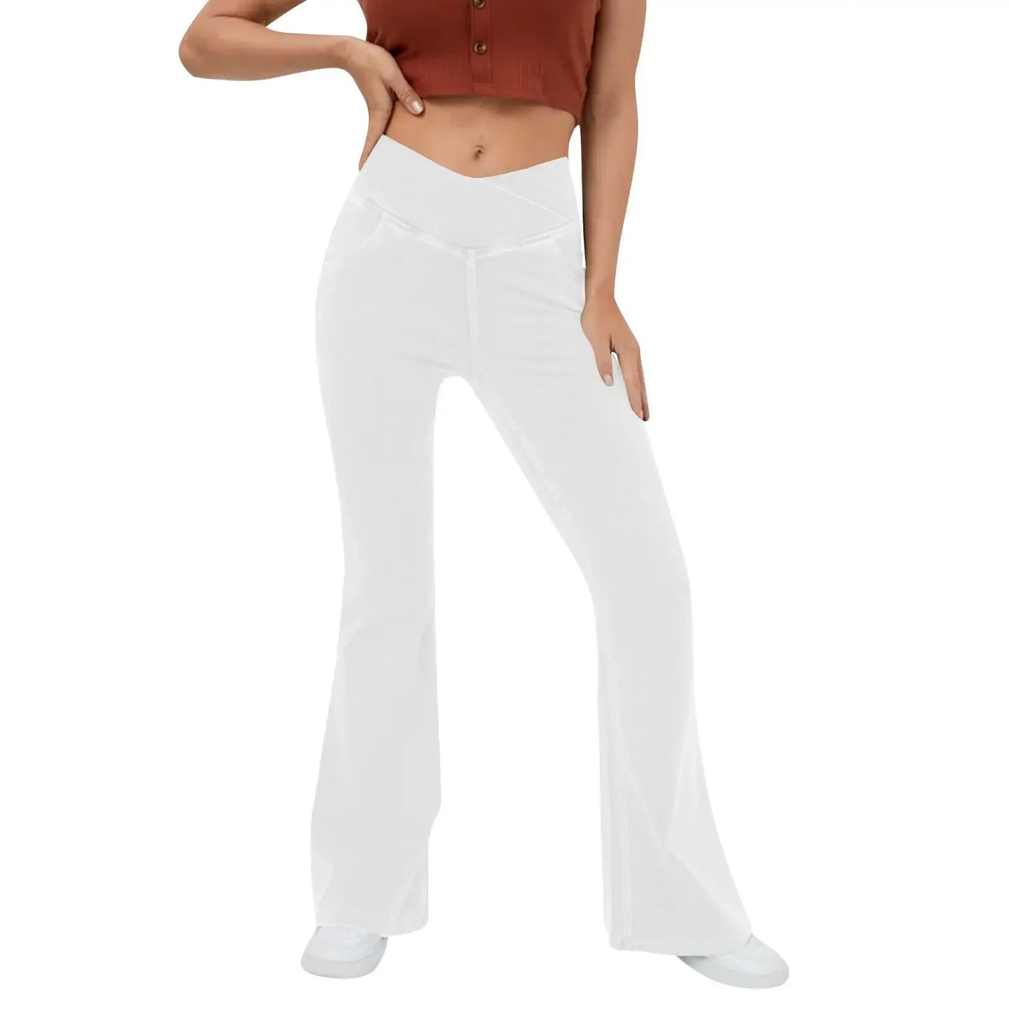 High Waisted Crossover Pocket Cool Touch Washed Stretchy Knit Casual Super Flare Jeans