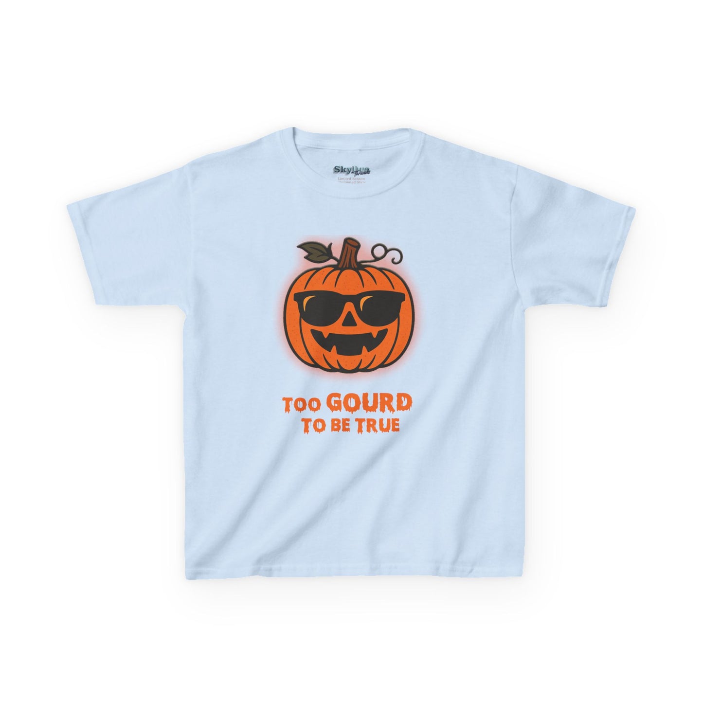 Trendy Halloween Vibes – Kids ‘Too Gourd to Be True’ Shirt for Fall Outings & Costumes