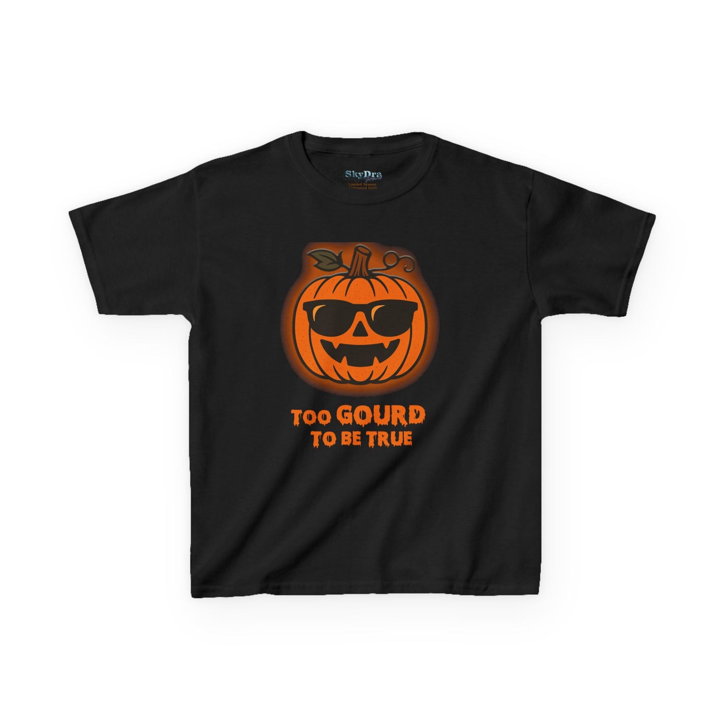 Trendy Halloween Vibes – Kids ‘Too Gourd to Be True’ Shirt for Fall Outings & Costumes
