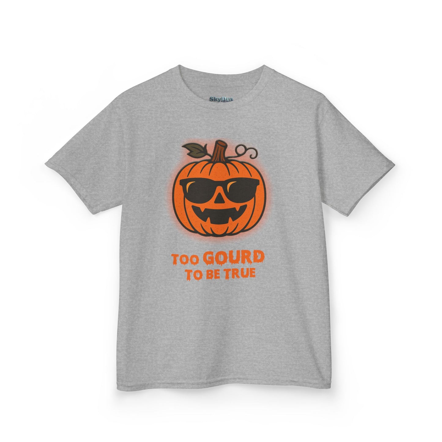 Trendy Halloween Vibes – Kids ‘Too Gourd to Be True’ Shirt for Fall Outings & Costumes