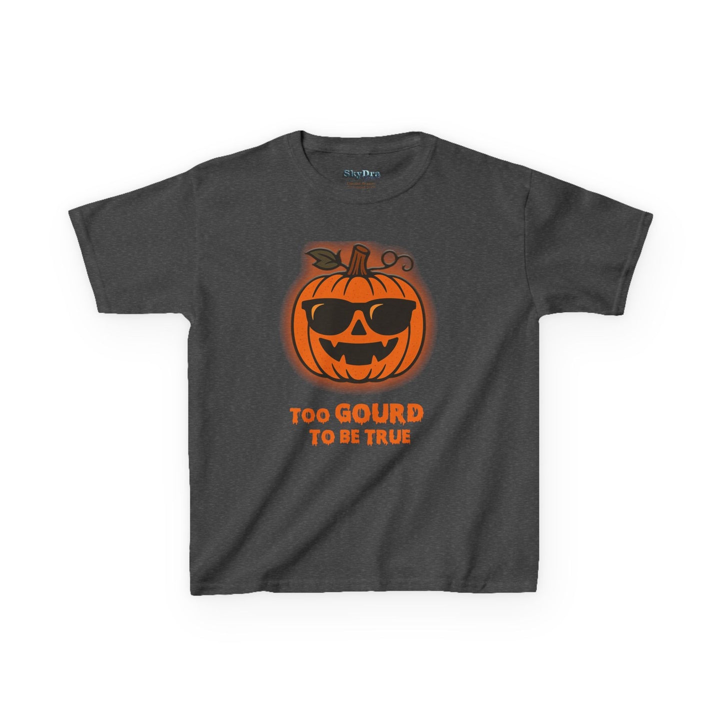Trendy Halloween Vibes – Kids ‘Too Gourd to Be True’ Shirt for Fall Outings & Costumes