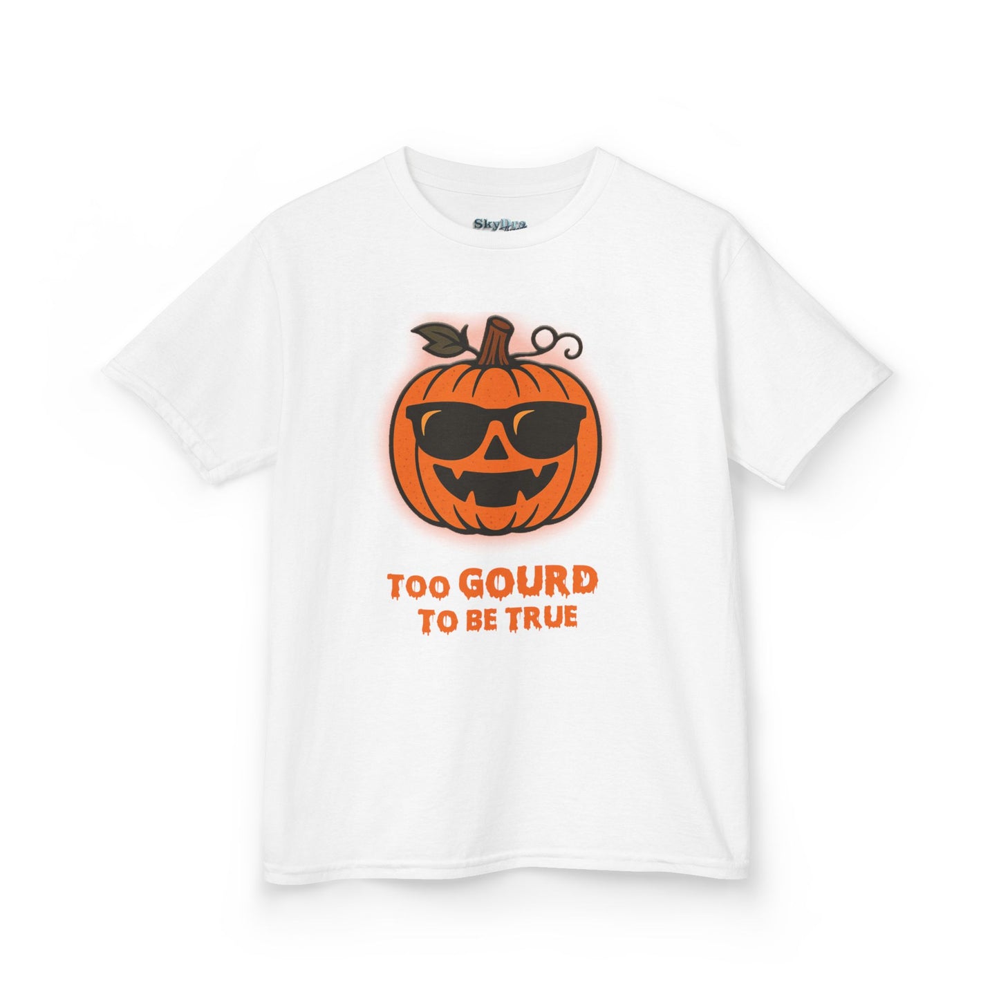 Trendy Halloween Vibes – Kids ‘Too Gourd to Be True’ Shirt for Fall Outings & Costumes