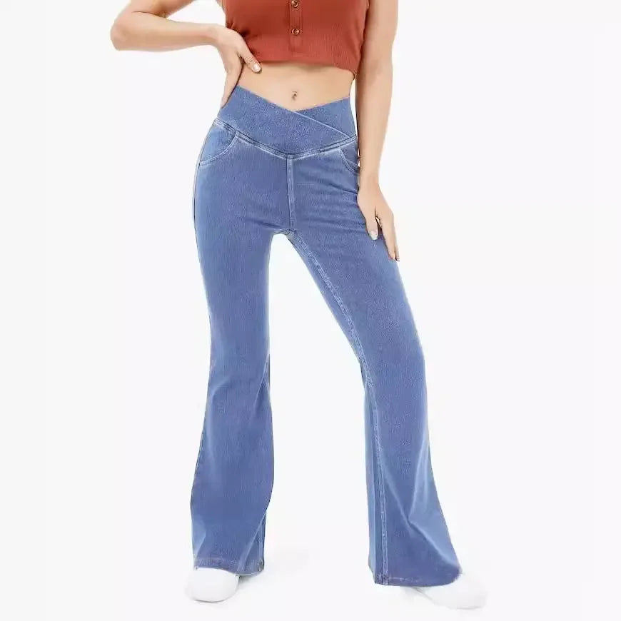 High Waisted Crossover Pocket Cool Touch Washed Stretchy Knit Casual Super Flare Jeans