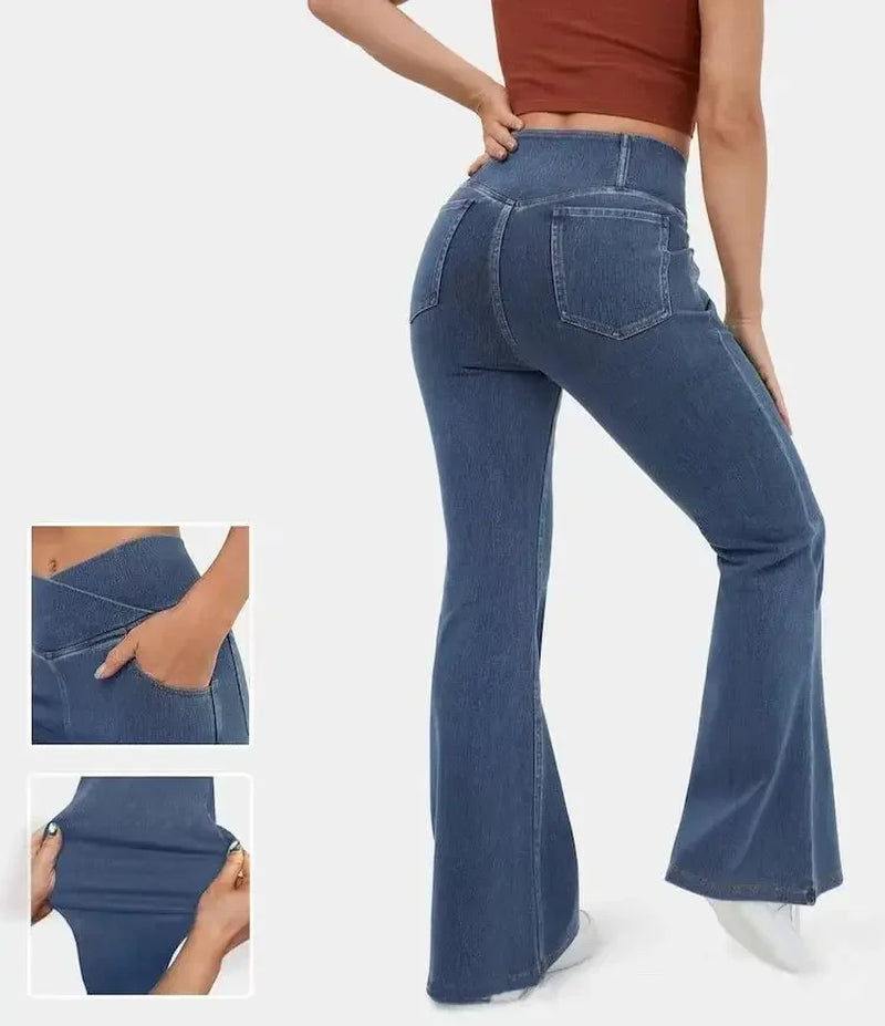 High Waisted Crossover Pocket Cool Touch Washed Stretchy Knit Casual Super Flare Jeans