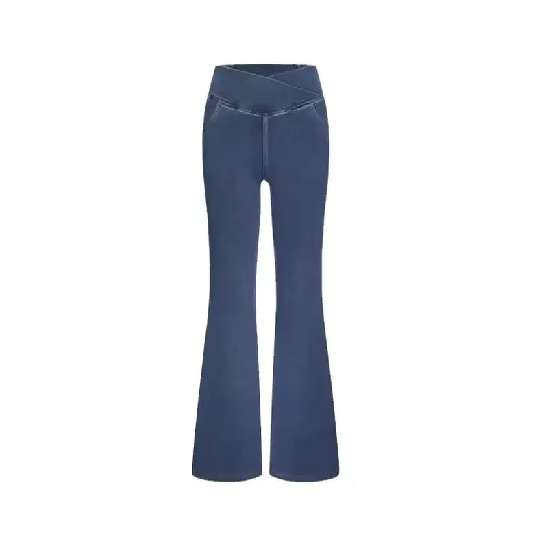 High Waisted Crossover Pocket Cool Touch Washed Stretchy Knit Casual Super Flare Jeans