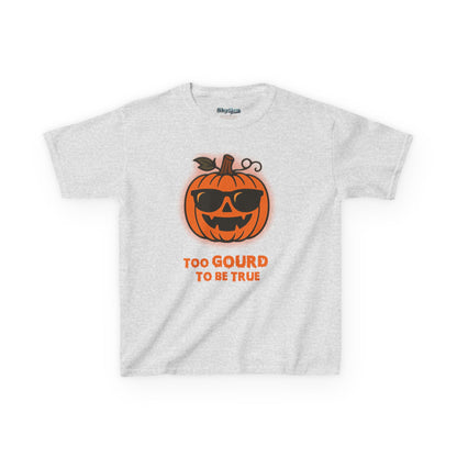 Trendy Halloween Vibes – Kids ‘Too Gourd to Be True’ Shirt for Fall Outings & Costumes