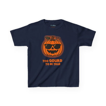 Trendy Halloween Vibes – Kids ‘Too Gourd to Be True’ Shirt for Fall Outings & Costumes