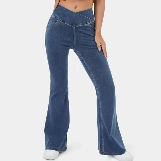 High Waisted Crossover Pocket Cool Touch Washed Stretchy Knit Casual Super Flare Jeans
