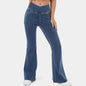 High Waisted Crossover Pocket Cool Touch Washed Stretchy Knit Casual Super Flare Jeans