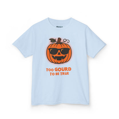 Trendy Halloween Vibes – Kids ‘Too Gourd to Be True’ Shirt for Fall Outings & Costumes