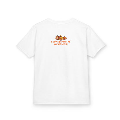 Trendy Halloween Vibes – Kids ‘Too Gourd to Be True’ Shirt for Fall Outings & Costumes