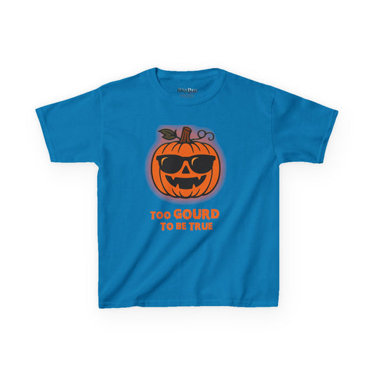Trendy Halloween Vibes – Kids ‘Too Gourd to Be True’ Shirt for Fall Outings & Costumes