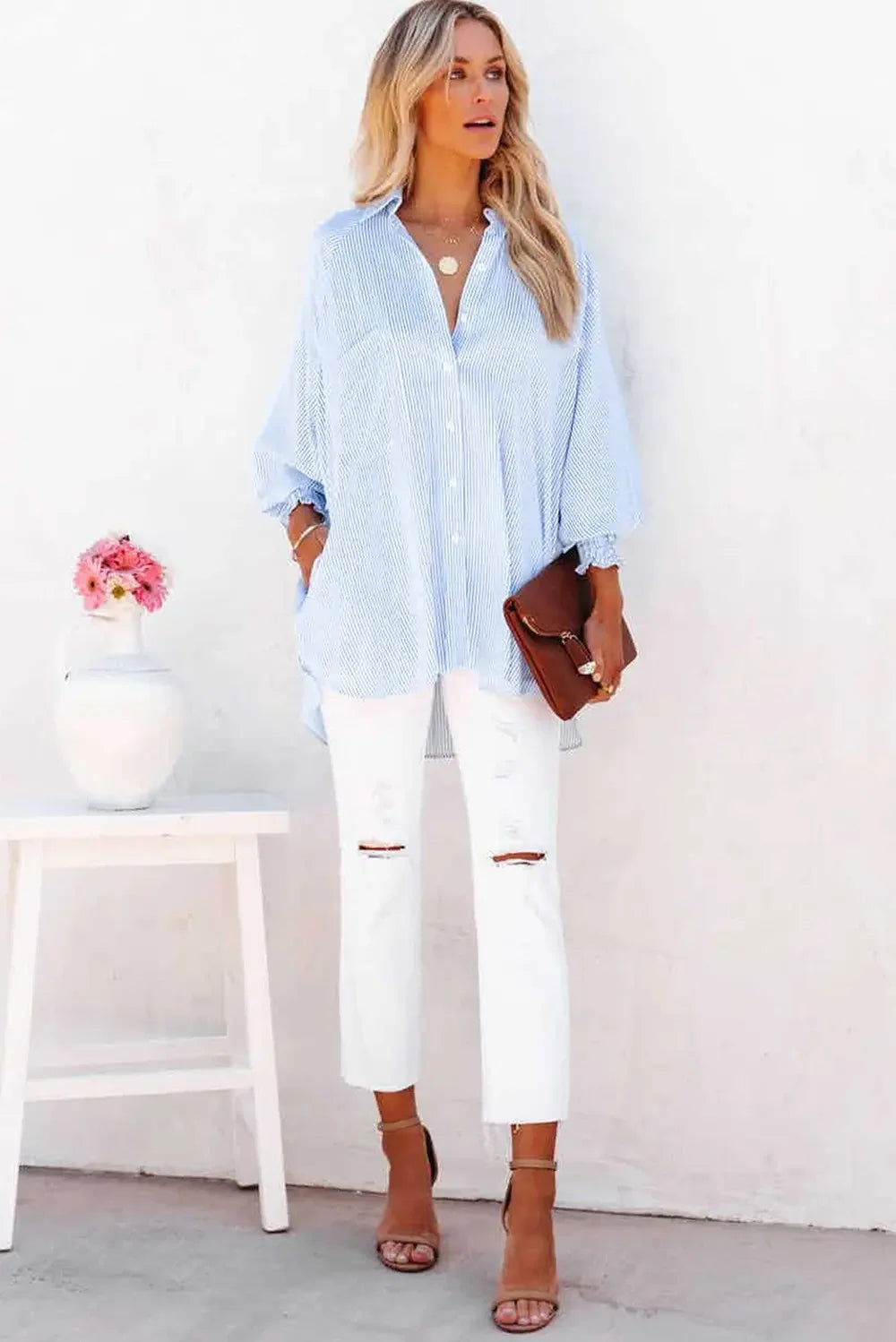 Mid-Length Shirt with Striped Lapel and Oversized Drawdown Sleeves Printed Long-Sleeved Single Breasted Blouse Loose Casual Top