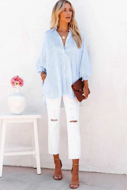 Mid-Length Shirt with Striped Lapel and Oversized Drawdown Sleeves Printed Long-Sleeved Single Breasted Blouse Loose Casual Top