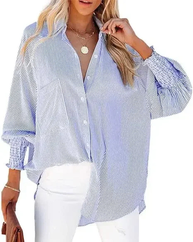 Mid-Length Shirt with Striped Lapel and Oversized Drawdown Sleeves Printed Long-Sleeved Single Breasted Blouse Loose Casual Top