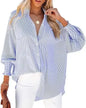 Mid-Length Shirt with Striped Lapel and Oversized Drawdown Sleeves Printed Long-Sleeved Single Breasted Blouse Loose Casual Top
