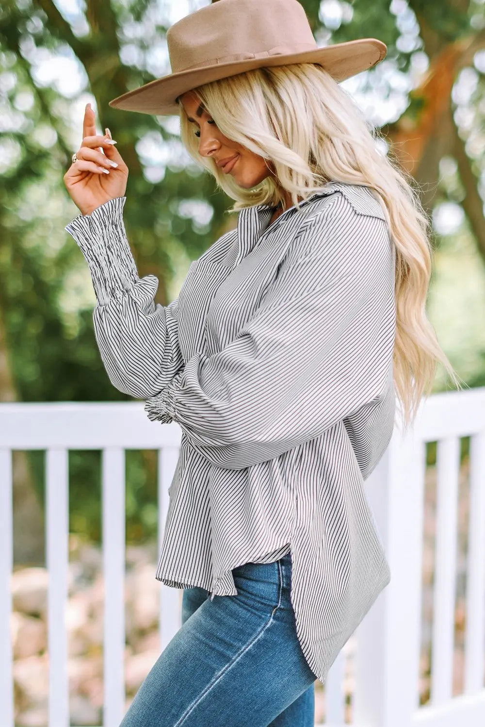 Mid-Length Shirt with Striped Lapel and Oversized Drawdown Sleeves Printed Long-Sleeved Single Breasted Blouse Loose Casual Top