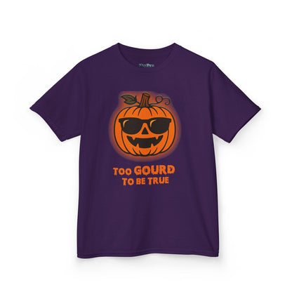 Trendy Halloween Vibes – Kids ‘Too Gourd to Be True’ Shirt for Fall Outings & Costumes