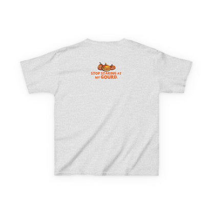 Trendy Halloween Vibes – Kids ‘Too Gourd to Be True’ Shirt for Fall Outings & Costumes