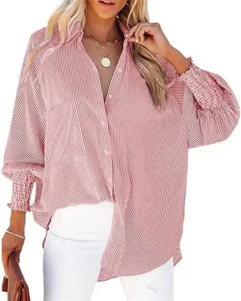 Mid-Length Shirt with Striped Lapel and Oversized Drawdown Sleeves Printed Long-Sleeved Single Breasted Blouse Loose Casual Top