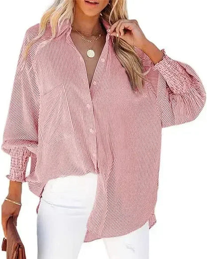 Mid-Length Shirt with Striped Lapel and Oversized Drawdown Sleeves Printed Long-Sleeved Single Breasted Blouse Loose Casual Top