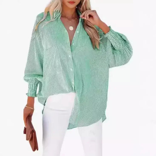 Mid-Length Shirt with Striped Lapel and Oversized Drawdown Sleeves Printed Long-Sleeved Single Breasted Blouse Loose Casual Top