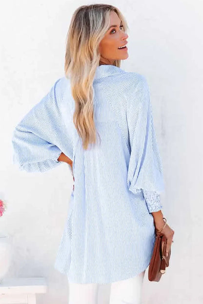 Mid-Length Shirt with Striped Lapel and Oversized Drawdown Sleeves Printed Long-Sleeved Single Breasted Blouse Loose Casual Top
