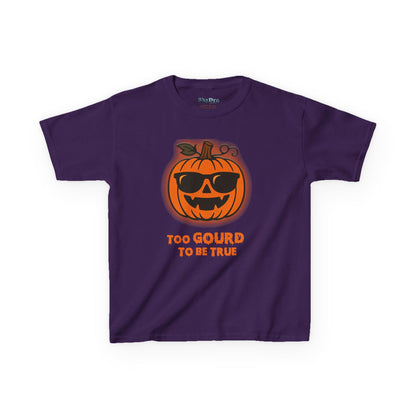 Trendy Halloween Vibes – Kids ‘Too Gourd to Be True’ Shirt for Fall Outings & Costumes