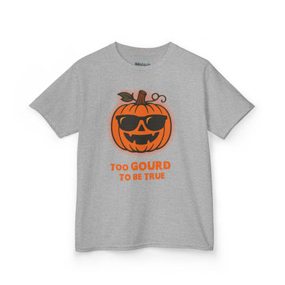 Trendy Halloween Vibes – Kids ‘Too Gourd to Be True’ Shirt for Fall Outings & Costumes