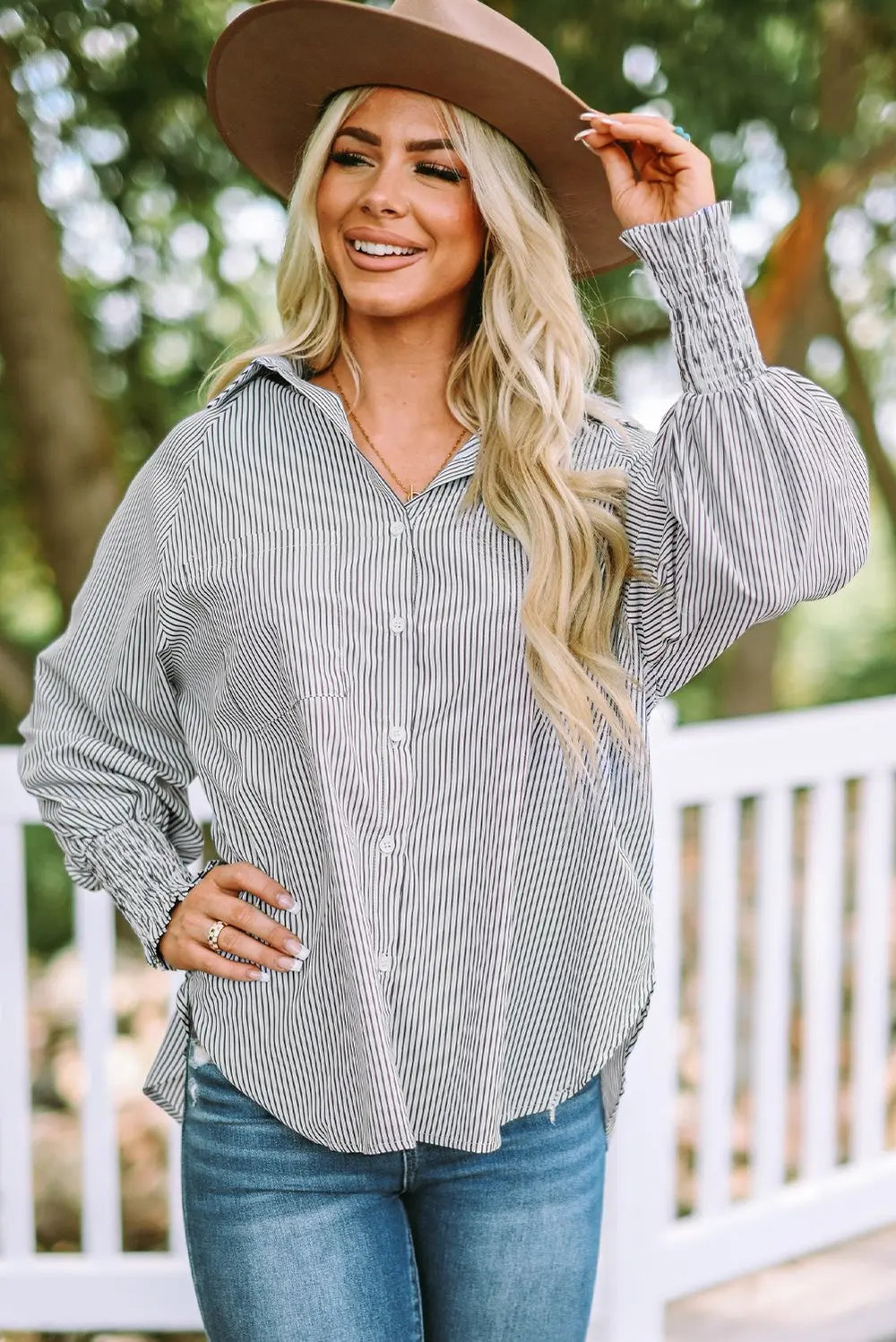 Mid-Length Shirt with Striped Lapel and Oversized Drawdown Sleeves Printed Long-Sleeved Single Breasted Blouse Loose Casual Top
