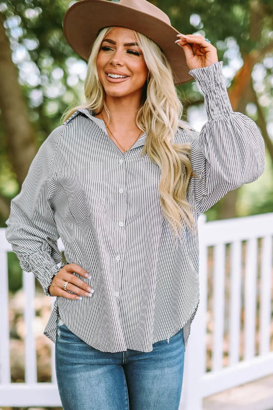 Mid-Length Shirt with Striped Lapel and Oversized Drawdown Sleeves Printed Long-Sleeved Single Breasted Blouse Loose Casual Top