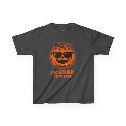 Trendy Halloween Vibes – Kids ‘Too Gourd to Be True’ Shirt for Fall Outings & Costumes
