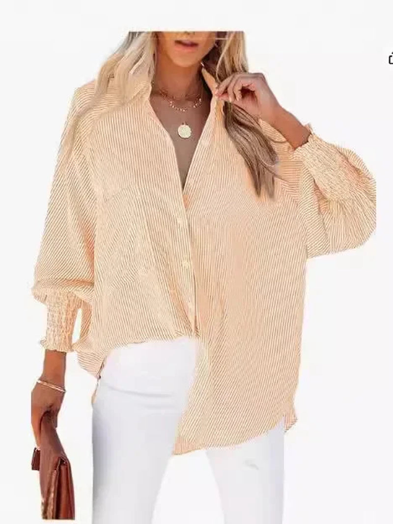 Mid-Length Shirt with Striped Lapel and Oversized Drawdown Sleeves Printed Long-Sleeved Single Breasted Blouse Loose Casual Top