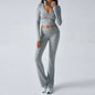 Women 2Pcs Exercise Gym Sets Activewear Knit V-Neck Tracksuit Crop Long Sleeves Tops Elastic Flared Pants Fitness Workout Sets