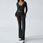 Women 2Pcs Exercise Gym Sets Activewear Knit V-Neck Tracksuit Crop Long Sleeves Tops Elastic Flared Pants Fitness Workout Sets