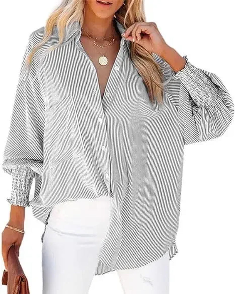 Mid-Length Shirt with Striped Lapel and Oversized Drawdown Sleeves Printed Long-Sleeved Single Breasted Blouse Loose Casual Top