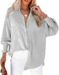 Mid-Length Shirt with Striped Lapel and Oversized Drawdown Sleeves Printed Long-Sleeved Single Breasted Blouse Loose Casual Top