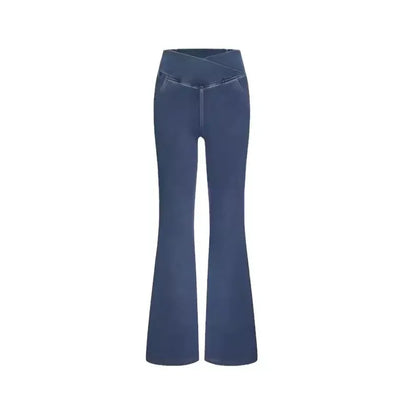 High Waisted Crossover Pocket Cool Touch Washed Stretchy Knit Casual Super Flare Jeans